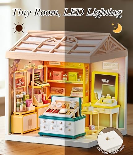 Makeup Store DIY Miniature House Kit with Roof & LED Light, Stackable & Connectable Dollhouse Kit with Dustproof Doors, Creative DIY Crafts Building Toy Gift for Adults Teens - Image 2
