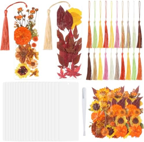 20 Sets Dried Flower Bookmark Making Kit Transparent Bookmark DIY Projects Craft Gift Bulk PET Sticker with Color Tassels and Tweezer for Classroom Activities Reading Award and Book Lovers (Autumn) by Afniimyapt