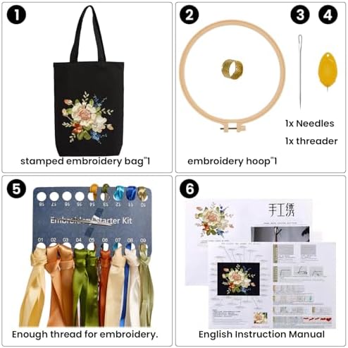 CREAWONDER Canvas Tote Bag Embroidery Kit with Pattern for Beginners, Arts and DIY Embroidery Crafts Kits for Adults, Include Instructions, Embroidery Hoops, Color Threads and Tool - Image 4