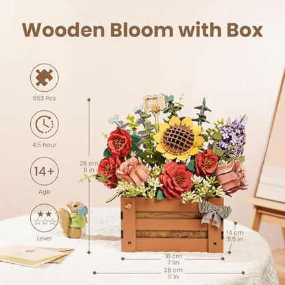ROBOTIME 3D Wooden Bloom Box Puzzle, Adults' Flower Bouquet Building Set, Artificial Flowers Home Decor, Gift for Wedding/Mother's Day/Birthday, Wood Craft Kit - Image 5