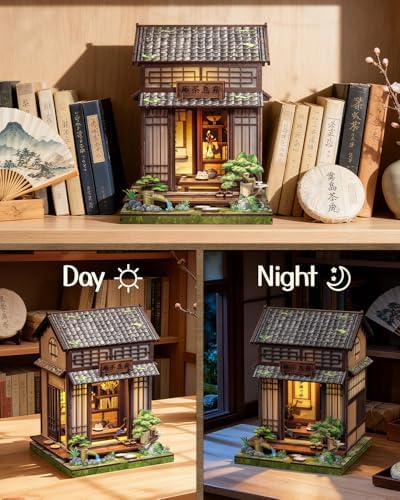 Book Nook, DIY Miniature House Kits for Adult, Japanese Booknook Tiny House, Decorative Bookends, Bookshelf Home Decor 3D Wooden Puzzles, Craft Gifts for Friends and Family (Tea House) - Image 5
