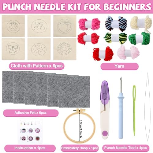 Pink Punch Needle Coaster Kit Strawberry Bow Floral Pattern Coasters Easy Punch Needle Embroidery Kit for Adults Beginner DIY Tufted Pads with Adhesive Felt Yarns Tools Embroidery Hoop Instruction - Image 2