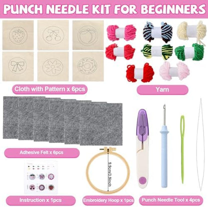 Pink Punch Needle Coaster Kit Strawberry Bow Floral Pattern Coasters Easy Punch Needle Embroidery Kit for Adults Beginner DIY Tufted Pads with Adhesive Felt Yarns Tools Embroidery Hoop Instruction - Image 2
