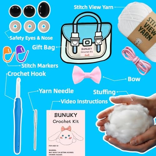 BUNUKY Crochet Kit for Beginners - DIY Starter Kit to Make a Cute Puppy | Step-by-Step Video Tutorials for Easy Learning | Creative Craft Gift for Christmas, Adults, Teens (Snowy & Peach Bunny) - Image 2