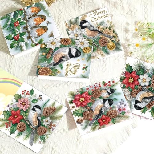 Diamond Art Painting Cards,6 Pack Gem Art Greeting Cards with Envelopes, 5D Diamond Dots Kits Birthday Cards Making Kits for Adults Family Friends Birthday Gifts(Christmas Bird) - Image 3
