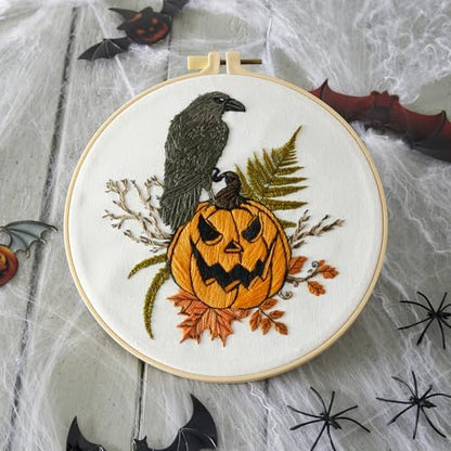 Crafmanoe Halloween Embroidery Starter Kits for Beginners Adults, Fall Pumpkin Stamped Cross Stitch Kits for Beginners Adults, Crow Gothic Embroidery Needlepoint Kits, Hoops, Fabric and Video Tutorial - Image 6