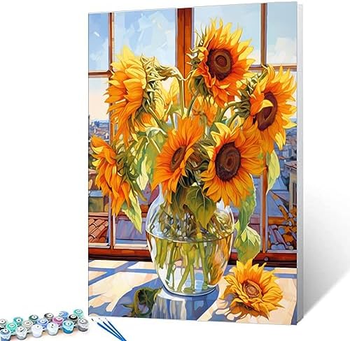 Tucocoo Sunflowers DIY Paint by Numbers for Adults Flowers in Glass Vase DIY Oil Painting Acrylic Paint Art Painting Kits Canvas with Acrylic Paint Floral Art 16x20 Inch （DIY Frame ） by Tucocoo
