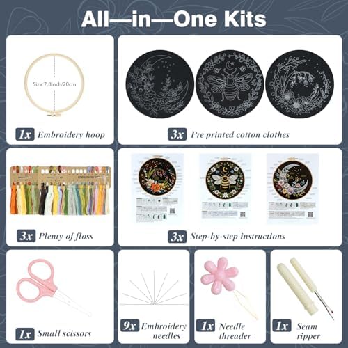 3Pack Embroidery Kits for Beginner Adult, Flower Moon Bee Pattern Hand Kit - Image 2