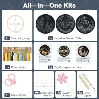 3Pack Embroidery Kits for Beginner Adult, Flower Moon Bee Pattern Hand Kit - Image 2