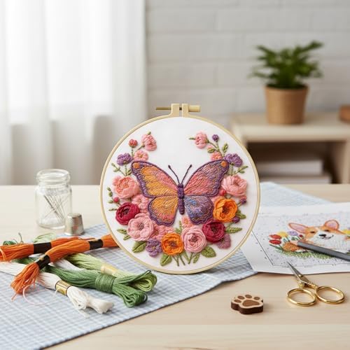 FRANDEK DIY Rose Butterfly Stamped Embroidery Kit with Hoop for Adults - Image 4