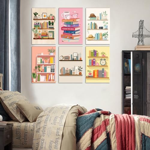 Aihonmin Bookshelf 6 Pack Paint by Numbers for Adults Books DIY Painting on Canvas with Brushes Pigment Crafts DIY Acrylic Paintwork Home Decoration Gift for Book Lovers 8x11.8 Inch (Frameless) - Image 5