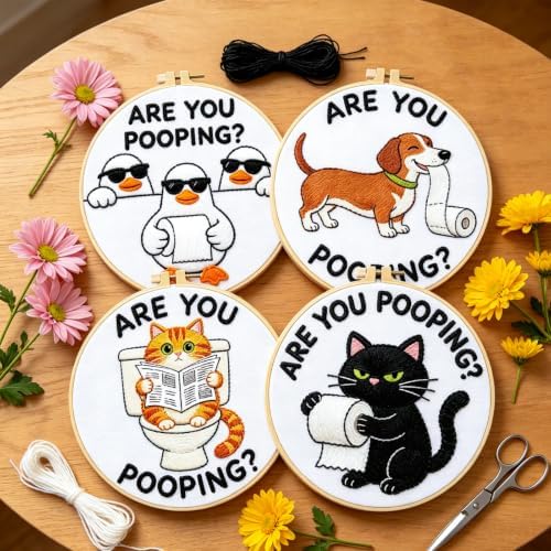BEUNITONE 4 Pack Beginner Embroidery Kit for Adults, Funny Animal Pre-Stamped Pattern Needlepoint Kits with Hoop, Tools & Instruction, 7.9"x7.9" Hand Embroidery Kits for Fabric and Home Decor - Image 6