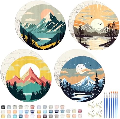 Faccito 4 Pack Wooden Landscape Paint by Numbers Kit for Adults Beginners 8 Inch Unfinished Round Wood Board Acrylic Paint Nylon Brush Hook Distant Mountains Sunset Lake DIY Crafts for Home Wall Decor by Faccito