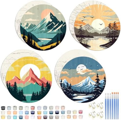 Faccito 4 Pack Wooden Landscape Paint by Numbers Kit for Adults Beginners 8 Inch Unfinished Round Wood Board Acrylic Paint Nylon Brush Hook Distant Mountains Sunset Lake DIY Crafts for Home Wall Decor by Faccito