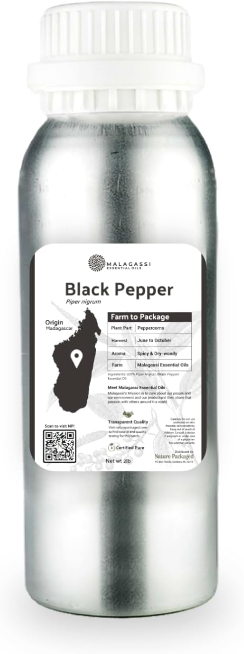 Nature Packaged Black Pepper Essential Oil - Direct from Madagascar Farms - Steam Distilled - Aceite Pimienta Negra for Aromatherapy, Massage, Diffuser, DIY Candle and Soap Making - 2lbs