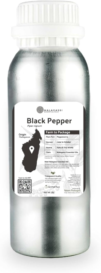 Nature Packaged Black Pepper Essential Oil - Direct from Madagascar Farms - Steam Distilled - Aceite Pimienta Negra for Aromatherapy, Massage, Diffuser, DIY Candle and Soap Making - 2lbs