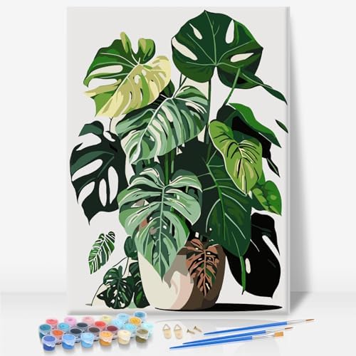 Framed Paint by Numbers Kit for Adults Beginners – Tropical Green Plants by CamocinDIYKit