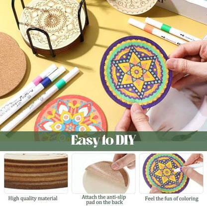 Reallnaive 45 Pcs Wooden Coaster Painting Kit, 10 Mandala DIY Markers - Image 4