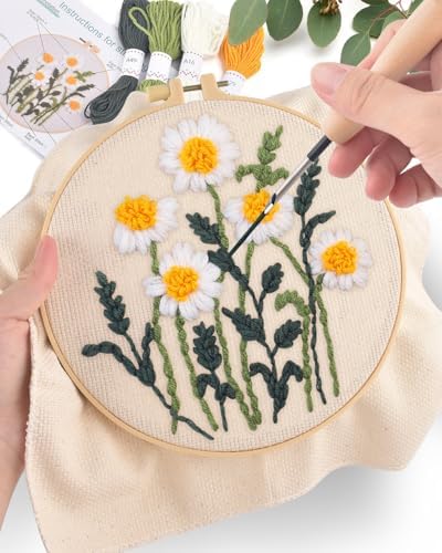 ERKOON Punch Needle Kit Adults Beginners, 2 Pcs DIY Easy Flower Embroidery Set for Starter Art Craft, Needling Punching Project with Patterns, Tools, Yarns, Hoop, Instruction (Daisies) - Image 5
