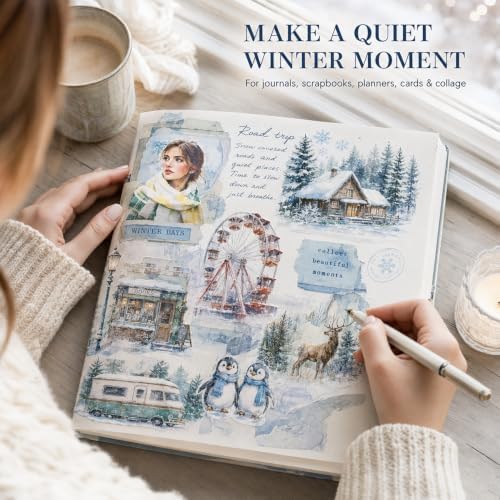 Winter Stickers for Journaling, 430 Pcs Transparent PET Set | 100 Precut Sheets in Gift Box | Snowy Landscapes, Winter Life & Animals | Scrapbooking, Junk Journals & Collage - Image 2