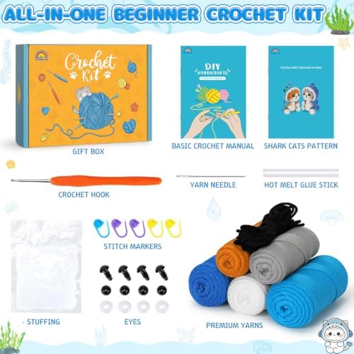 Fortuning's JDS Crochet Kit for Beginners, 2 PCS Shark Cat Crochet Kits - Image 3