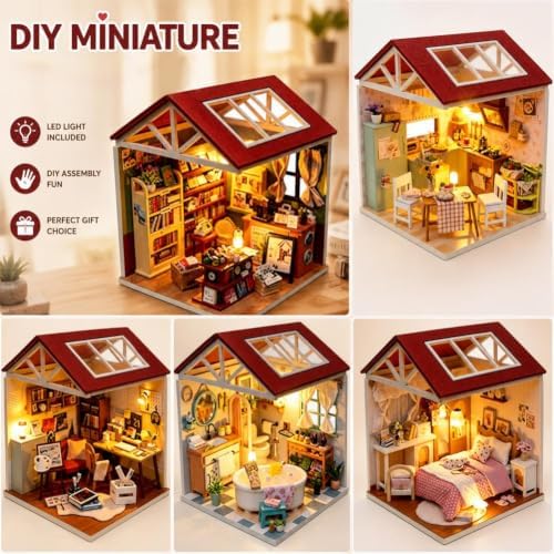 DIY Miniature House Kit with LED Light and Dust Cover, 3D Wooden Dollhouse Assembly Model Building Kit for Adults Teens, Creative Craft Project, Bookshelf Decor and Birthday Gift (Bubble Bath) - Image 3