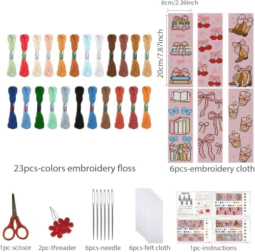 KYOQFVN 6 Pcs Pink Cross Stitch Bookmark Kit for Beginner, 14 CT Bow Stamped Cross Stitch Kits, Stamped Embroidery Bookmark Kit with Instructions Hand Craft - Image 2