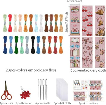 KYOQFVN 6 Pcs Pink Cross Stitch Bookmark Kit for Beginner, 14 CT Bow Stamped Cross Stitch Kits, Stamped Embroidery Bookmark Kit with Instructions Hand Craft - Image 2