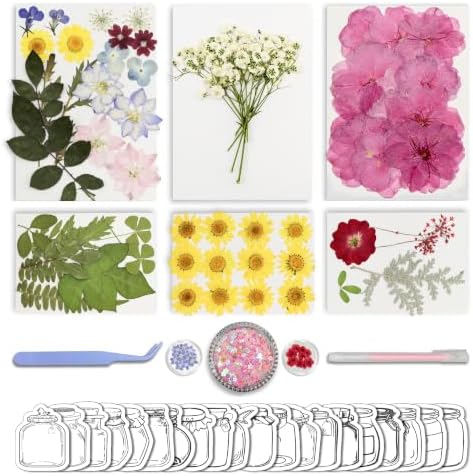 95PCS Real Natural Dried Pressed Flowers and Leaves Craft Kit with 20 Self-Adhesive Bookmarks, Tweezers & Glue Pen for Resin, Scrapbooking & DIY Crafts by Unknown