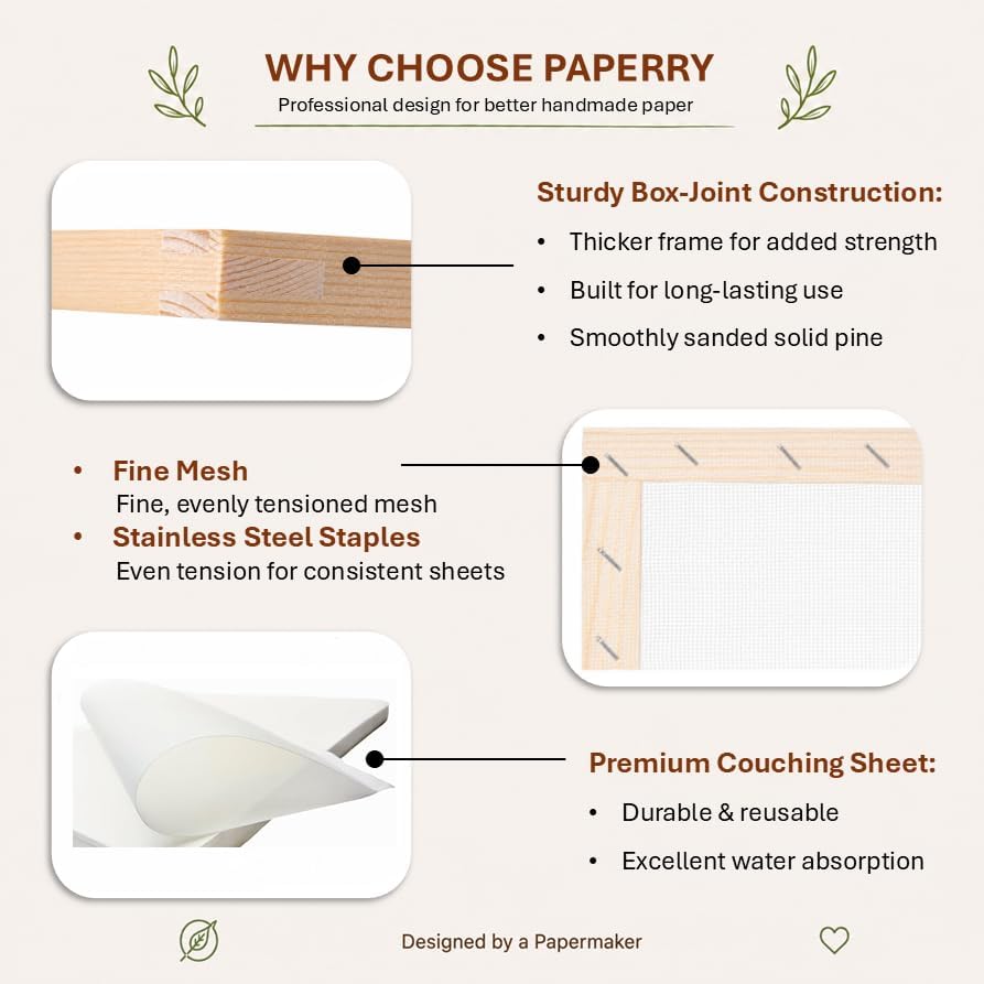 Hand Papermaking Paper Making Screen Kit with Pine Wood Mould and Deckle Set, Couching Cloth, Sponge, Dried Flower Petals & Instructions for DIY Handmade Paper (A5 + A6) - Image 2
