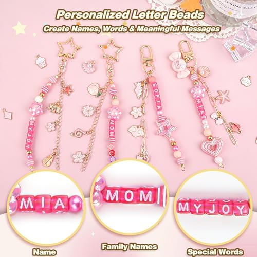 Ecoofor 707 Pcs Lip Gloss Beaded Keychain Making Kits, Pink DIY Bag Charm Kit, 78.8 Inch Chains, Key Chain Hooks, Jump Rings, Lobster Clasps, 452 Charms & Letter Beads, Tools & Gift Bags - Image 4