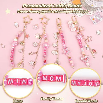 Ecoofor 707 Pcs Lip Gloss Beaded Keychain Making Kits, Pink DIY Bag Charm Kit, 78.8 Inch Chains, Key Chain Hooks, Jump Rings, Lobster Clasps, 452 Charms & Letter Beads, Tools & Gift Bags - Image 4