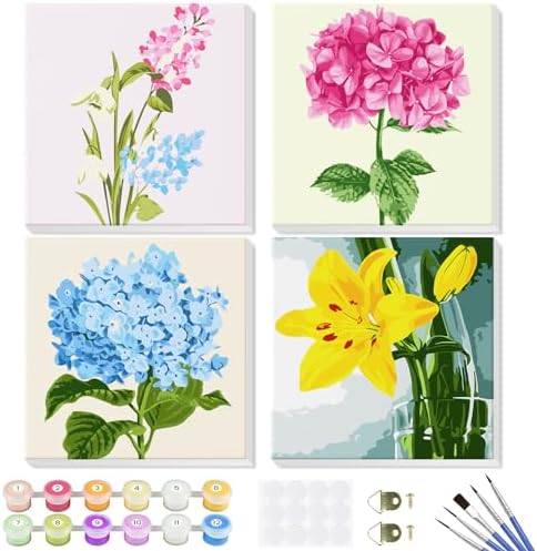 Genius maker Paint by Number for Adults Beginners, 4 Pack DIY Adult Paint by Number Kits on Canvas Framed, Flowers Color by Numbers Acrylic Oil Painting Number Kits Crafts for Home Wall Decor 8x8inch by Geniusmaker