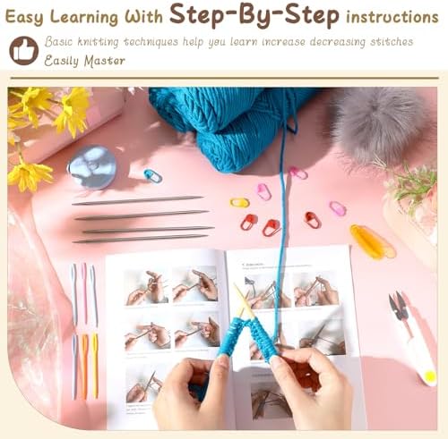 Maasechs Knitting Kit for Beginners Adults Learn to Knit Hat Scarf Glove Complete Knitting Starter Kit with Yarn, Needles, Faux Pom Pom and Step by Step Instruction for Women and Men (Lake Blue) - Image 3