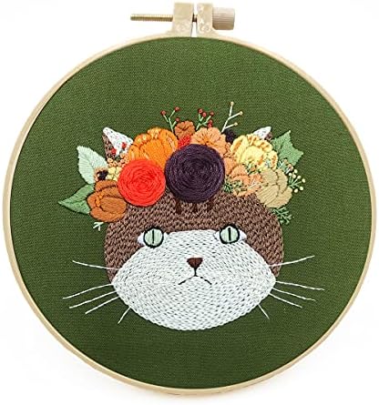 Mozzyyee Embroidery Starter kit, DIY Adult Beginner Embroidery Kits, Including Cloth with Cat Patterns, Colored Threads, Needles, Hoops and Instructions (Green) by Mozzyyee