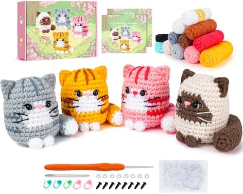 Crochet Kit for Beginners -4 PCS Cat Crochet Kit with Step-by-Step Video Tutorials, Learn to Crochet Kits for Adults, Beginner Crochet Kits for Adults, Animals Cat Crafts Knitting Kit Galentines Gifts by FortuningsJDS