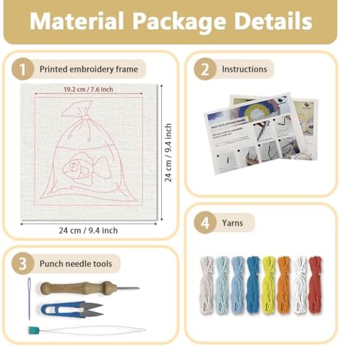 Doodlream Goldfish in Bag Needle Kit for Beginner, 9.4"x 9.4" Cartoon Fish Punch Stitching Craft Set, DIY Embroidery Starter with Printed Frame, Instruction, Threader, Yarn, Pinch Needle - Image 2