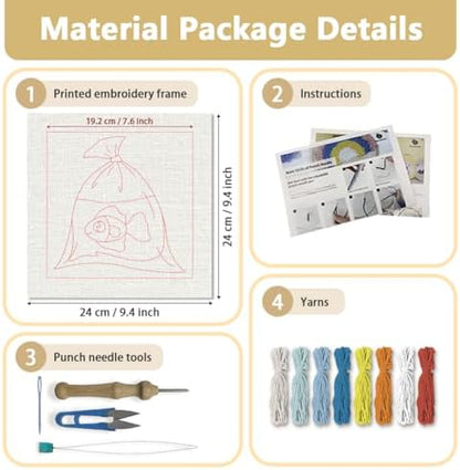 Doodlream Goldfish in Bag Needle Kit for Beginner, 9.4"x 9.4" Cartoon Fish Punch Stitching Craft Set, DIY Embroidery Starter with Printed Frame, Instruction, Threader, Yarn, Pinch Needle - Image 2