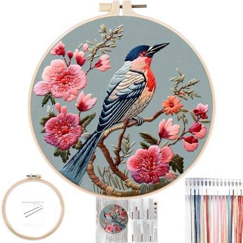 FONNUY Embroidery Kit for Beginners, Hummingbird Flowers Pre-Stamped Pattern Kits for Adults with Hoop, Easy to Follow Color Thread Needlework, 8''Hoop (Blue) by FONNUY