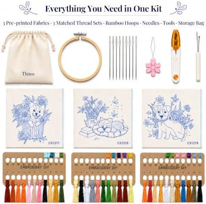 Thinas Embroidery Kit for Beginners Adults, 3 Pack Stamped Dog Embroidery Starter Set with Patterns & Video Tutorial, DIY Sewing Craft Supplies for Dog Lovers, Home Decor Gift Idea - Image 3
