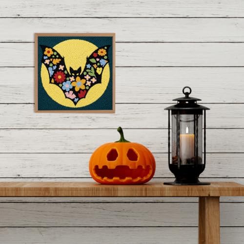 DOODLREAM Flower Bat Full Moon Needle Kit for Beginner, 9.4"x 9.4" Cartoon Halloween Punch Stitching Craft Set, DIY Embroidery Starter with Printed Frame, Instruction, Threader, Yarn, Punch Needle - Image 6