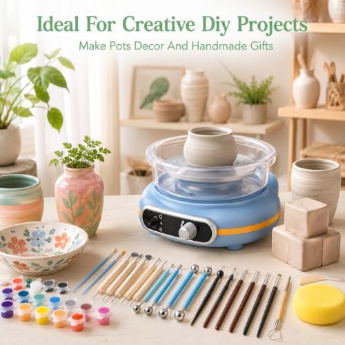 Mini Pottery Wheel Kit Electric Turntable Clay Machine with Handle, Adjustable Speed and Forward Reverse Rotation, 24 Shaping Tools 12 Color Paint Set 3 Clay Blocks for DIY Craft Projects - Image 7