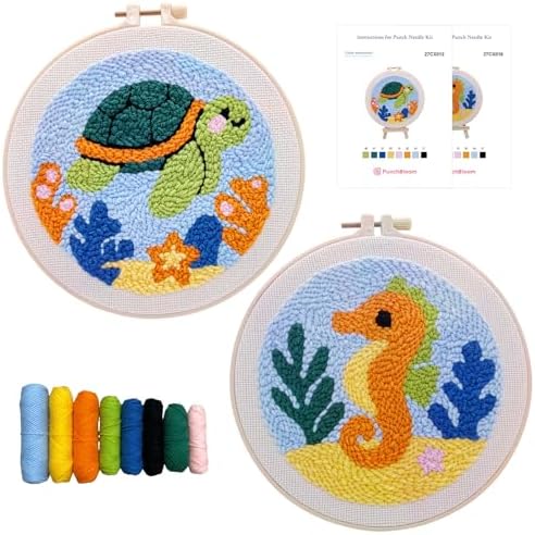 Punch Needle Kit for Beginner, 2-Pack Turtle & Sea Horse Punch Embroidery Starter Set with Instructions – Yarn Needle Punch Craft for Xmas Gift Idea & Home Wall Decor by PunchBloom