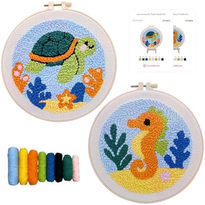 Punch Needle Kit for Beginner, 2-Pack Turtle & Sea Horse Punch Embroidery Starter Set with Instructions – Yarn Needle Punch Craft for Xmas Gift Idea & Home Wall Decor by PunchBloom