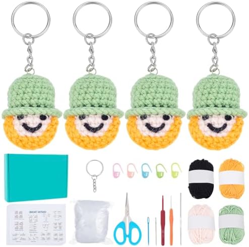 WEBEEDY 4 Sets Crocheting Animal Keychain Kits DIY Beginner Leprechaun Knitting Set with Instruction,Yarn,Hook for Adults,Complete Crochet Kit for Knitting Supplies St.Papa's Day Decor Gifts by WEBEEDY