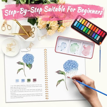 Watercolor Workbook - Coloring Book Beginner Friendly Painting Kit, Watercolor Workbooks for Adults, Exploration Gift for Adults Teens (Flowers-Animals, 24 Color Palette) - Image 2