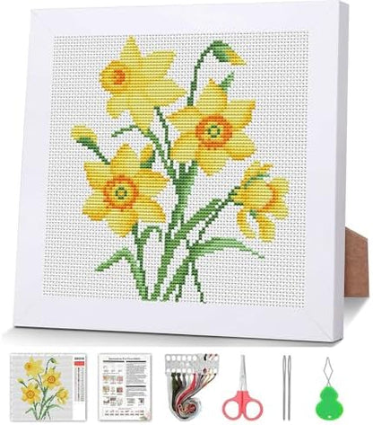 Daffodil Stamped Cross Stitch Kits for Adult Beginner with Wooden Frame by VIGEGU