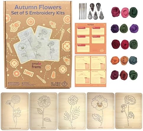 Wooden Flower Lacing Embroidery Kits for Beginners, Set of 5 Learn-to-Stitch Craft Boards, Sewing & Embroidery Art Kits for Kids Ages 8+, DIY Craft Projects, Educational Gifts, Party Favors (Autumn) by SmolFrens