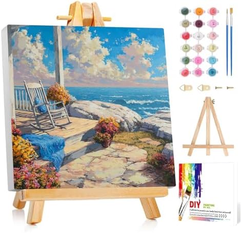 Framed Paint by Numbers Kit for Adults Beginner & Kids Ages 8-12 Beach Adult Paint by Number Kits on Canvas with Easel Landscape Painting by Numbers for Adults with Frame DIY Painting Kits 8x8 Inch by Unknown