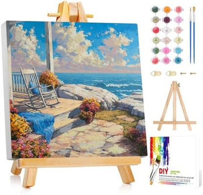 Framed Paint by Numbers Kit for Adults Beginner & Kids Ages 8-12 Beach Adult Paint by Number Kits on Canvas with Easel Landscape Painting by Numbers for Adults with Frame DIY Painting Kits 8x8 Inch by Unknown